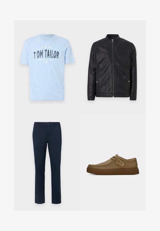 Juodas odinis švarkas su aukštu apykakle, vertikaliais užtrauktukais, iškilusiais peties akcentais ir šoninėmis kišenėmis. Lygus, matinio paviršiaus tekstūra.; Šviesiai mėlynas medvilninis marškinėlis su apvalia iškirpte ir trumpomis rankovėmis. Ant jo yra ryškus juodas spaudas: "TOM TAILOR" ir papildomi prekiniai ženklai.; Tamsiai mėlyni chinos kelnių iš lygaus audinio. Tiesaus kirpimo dizainas su vienu mygtuko uždarymu ir diržo kilpelėmis. Be matomų raštų ar akcentų.; Šviesiai rudos zomšinės bateliai su apvaliu pirštu, siuvinėjimo detalėmis ir raguota ruda guma. Su šonine etikete su "Clarks" logotipu.