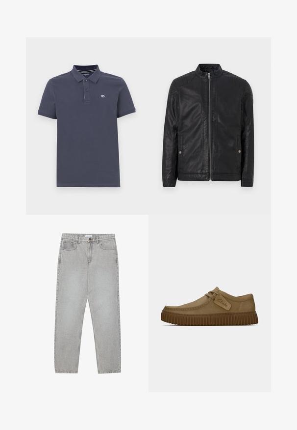 Sort læderjakke med høj krave, lodrette lynlåse, kviltede skulderdetaljer og sidelommer. Glat, mat tekstur.; Mørkeblå polo skjorte i bomuldsblanding med en to-knaps lukning, korte ærmer og et lille broderet logo på venstre bryst.; Lysegrå denimbukser med lige ben, fem lommer og knaplukning. Synlig syning langs sømmene.; Lysebrune ruskindsko med rund tå, syet detaljer og en ribbet brun gummisål. Har et sidemærke med "Clarks" logo.