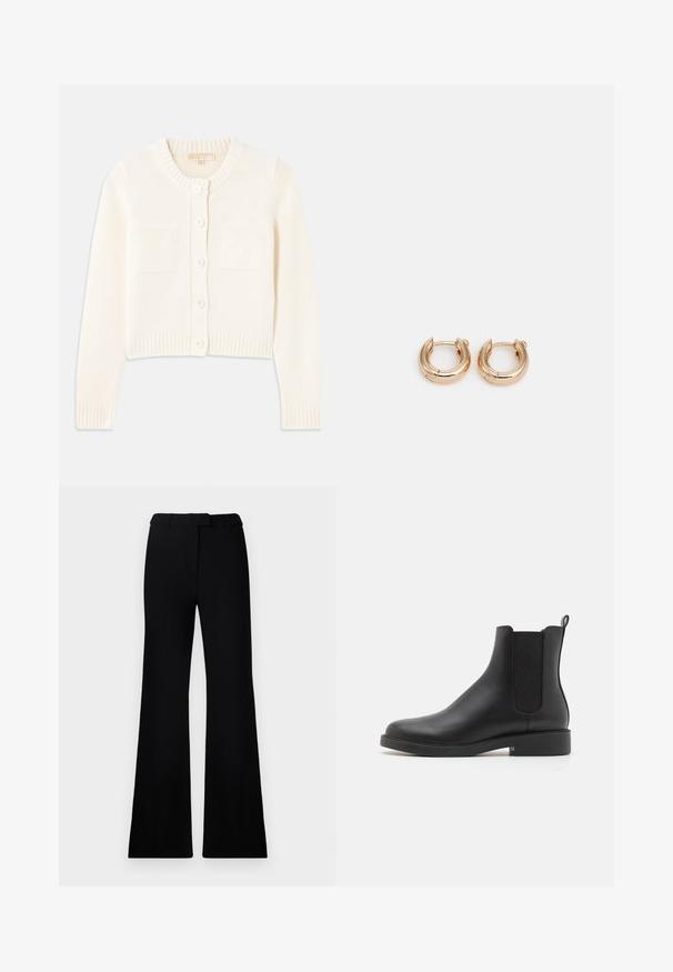 Czarna pikowana kurtka z kapturem, z wąskim pasem, dwoma przednimi kieszeniami, złotymi detalami oraz sznurkami do regulacji.; Kremowy sweter z dzianiny z okrągłym dekoltem, pięcioma guzikami, prążkowanymi mankietami i dwiema kieszeniami z przodu. Gładka tekstura, krótki fason.; Biała prążkowana koszulka na ramiączkach z okrągłym dekoltem, wykonana z miękkiego materiału. Projekt charakteryzuje się dopasowanym krojem i subtelną teksturą na całej powierzchni tkaniny.; Czarne rozszerzane spodnie o gładkiej fakturze, z dopasowaną talią i kieszeniami z przodu, zaprojektowane w eleganckim, nowoczesnym stylu.; Czarne skórzane botki za kostkę z elastycznymi panelami po bokach, zaokrąglonym noskiem, niskim obcasem w kształcie bloku oraz pętelką z tyłu ułatwiającą zakładanie.; Złote kolczyki w kształcie obręczy z wypolerowanym wykończeniem, charakteryzujące się grubym, okrągłym wzorem i bezpiecznym zapięciem. Gładka faktura i błyszczący wygląd.