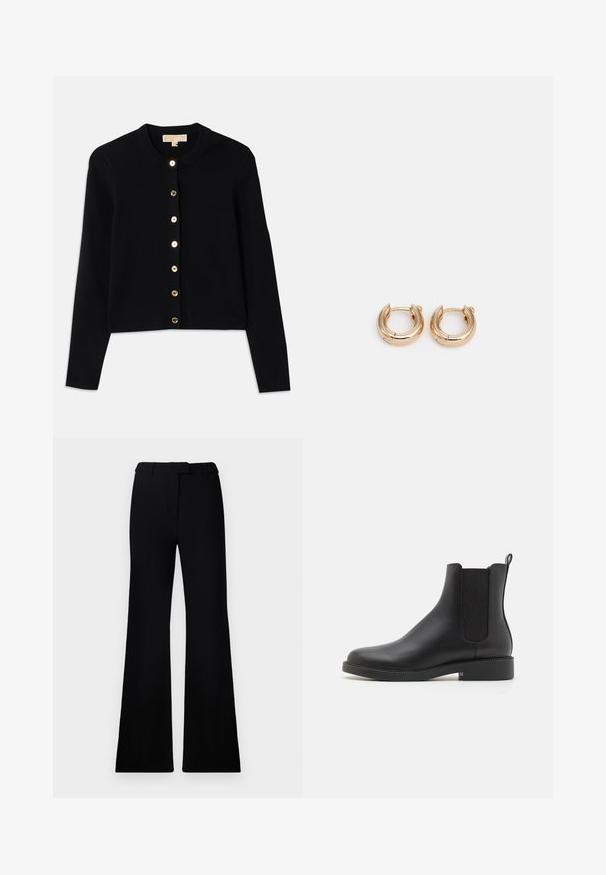 Black quilted jacket with a hood, featuring a cinched waist, two front pockets, gold hardware accents, and drawstrings for adjustment.; Black cardigan made from soft fabric, featuring a round neckline, long sleeves, and six gold-tone buttons down the front.; Black cotton t-shirt with a crew neckline, short sleeves, and a white embroidered logo on the left chest. Smooth texture, casual design.; Black flared pants featuring a smooth texture, tailored waistband, and front pockets, designed with a sleek, modern silhouette.; Black leather ankle boot with elastic side panels, rounded toe, low block heel, and a pull tab at the back for easy wear.; Gold hoop earrings with a polished finish, featuring a thick, circular design and a secure closure mechanism. Smooth texture and shiny appearance.