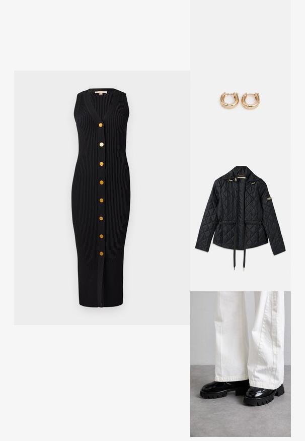 Geacă neagră matlasată cu glugă, având talie ajustată, două buzunare frontale, accente din metal auriu și șnururi pentru ajustare.; Rochie neagră din tricot cu nervuri, cu decolteu în V, design fără mâneci și butoane aurii pe față, având o siluetă ajustată.; Pantofi negri cu talpă groasă și lucioasă, asociați cu pantaloni albi cu croială largă. Tălpile notabile cu model gros și textura netedă a pantofilor.; Cercei din aur cu un finisaj lustruit, având un design circular gros și un mecanism de închidere sigur. Textură netedă și aspect strălucitor.