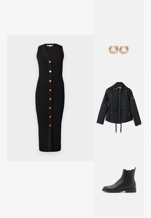 Mustmust õmmeldud jope kapuutsiga, millel on kitsenev vöökoht, kaks esikotina, kuldsed detailid ja reguleeritavad nööbid.; Mustmust värvi ribakudumine kleit V-kaelusega, ilma varrukateta disain ja kuldse tooni nupud esiküljel, millel on voolujoonekujuline siluett.; Must have mustanvarvas nahast ankle boot elastsete külgpaneelidega, ümmargune varvas, madal ploki konts ja tagaküljel tõmbeosa, mis teeb jalga panemise lihtsaks.; Kullatud rõngaste kõrvarõngad, millel on poleeritud viimistlus, pakuvad paksu ringikujulist disaini ja kindlat sulgemismehhanismi. Sile tekstuur ja läikiv välimus.