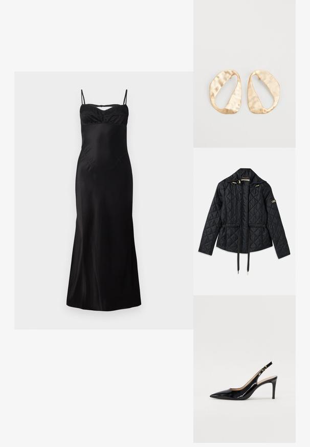 Fekete steppelt dzseki kapucnival, húzott derékkal, két elülső zsebből, aranyszínű fém kiegészítőkkel és állítható zsinórokkal.; Fekete, vékony pántos selyemruha, összegyűrt kosárral és sima, lágy anyaggal. Középhosszú, az alján enyhén bővül.; Fekete lakk bőr kötött magassarkú cipő, hegyes orral és karcsú sarokkal, finom kivágásos dizájnnal. Az övön arany csatt található.; Egy pár szabálytalan, ovális formájú, aranyszínű fém fülbevaló, enyhén kalapált felülettel, fehér háttéren.