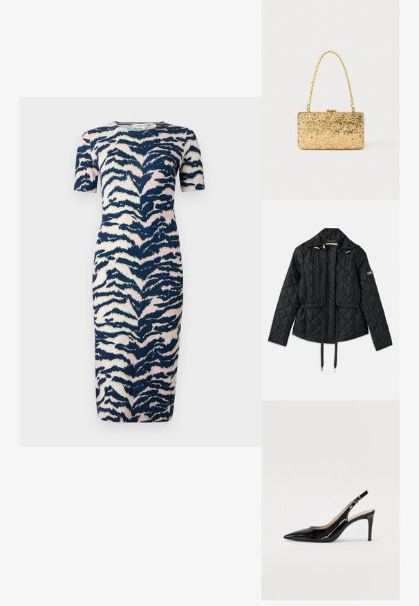 Fekete steppelt dzseki kapucnival, húzott derékkal, két elülső zsebből, aranyszínű fém kiegészítőkkel és állítható zsinórokkal.; Térd hosszúságú, testhez álló ruha, navy, rózsaszín és krém színű állatmintás dizájnnal; rövid ujjú és kerek nyakkivágású.; Fekete lakk bőr kötött magassarkú cipő, hegyes orral és karcsú sarokkal, finom kivágásos dizájnnal. Az övön arany csatt található.; Arany flitteres clutch táska, téglalap alakú, csavart lánckarabinerekkel és fém záródással, mely fényt tükröz a textúrált felületének köszönhetően.