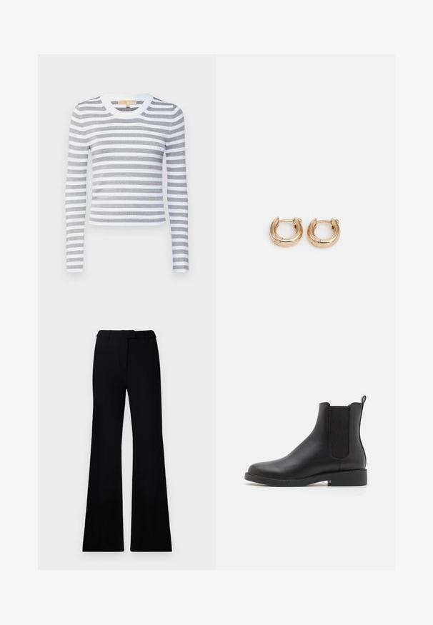 Veste noire matelassée avec capuche, dotée d'une taille cintrée, de deux poches avant, d'accents en matériel doré et de cordons de serrage pour l'ajustement.; Haut à manches longues rayé en gris et blanc, fabriqué en tissu côtelé. Encolure ronde avec une bordure blanche unie, silhouette ajustée, matériel extensible.; Pantalons évasés noirs avec une texture lisse, une taille cintrée et des poches avant, conçus avec une silhouette moderne et élégante.; Bottines en cuir noir avec des panneaux élastiques sur les côtés, bout arrondi, petit talon carré et une languette à l'arrière pour un enfilage facile.; Boucles d'oreilles en or avec une finition polie, présentant un design circulaire épais et un mécanisme de fermeture sécurisé. Texture lisse et apparence brillante.
