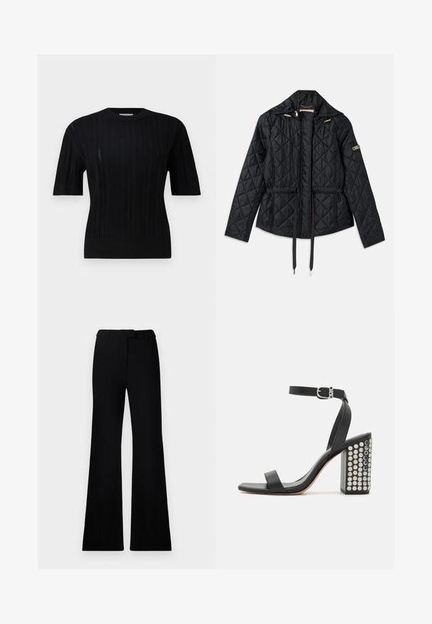 Black quilted jacket with a hood, featuring a cinched waist, two front pockets, gold hardware accents, and drawstrings for adjustment.; Filippa K BRAID - Jumper - black; Black flared pants featuring a smooth texture, tailored waistband, and front pockets, designed with a sleek, modern silhouette.; Black leather heeled sandals with an ankle strap. Features a square toe, smooth texture, and square block heel adorned with silver studs.