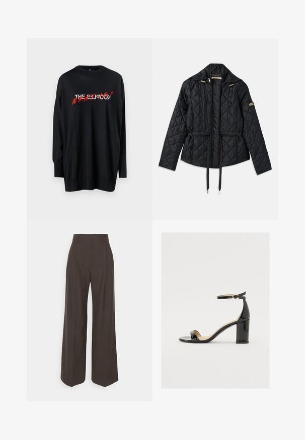 Svart vadderad jacka med huva, som har smalnad midja, två framfickor, gyllene detaljer och dragsko för justering.; Svart långärmad tröja med texten "THE PEOPLE?" i röd färg, med rund hals och en avslappnad passform. Mjuk tyg med en lätt glänsande yta.; Mörkbruna vidbyxor med hög midja, som har fint pressade veck, en slät textur och en skräddarsydd passform.; Svart lacklädersandal med bred klack, öppen tå och ankelsnöre med ett gyllene spänne. Slät textur och elegant design.