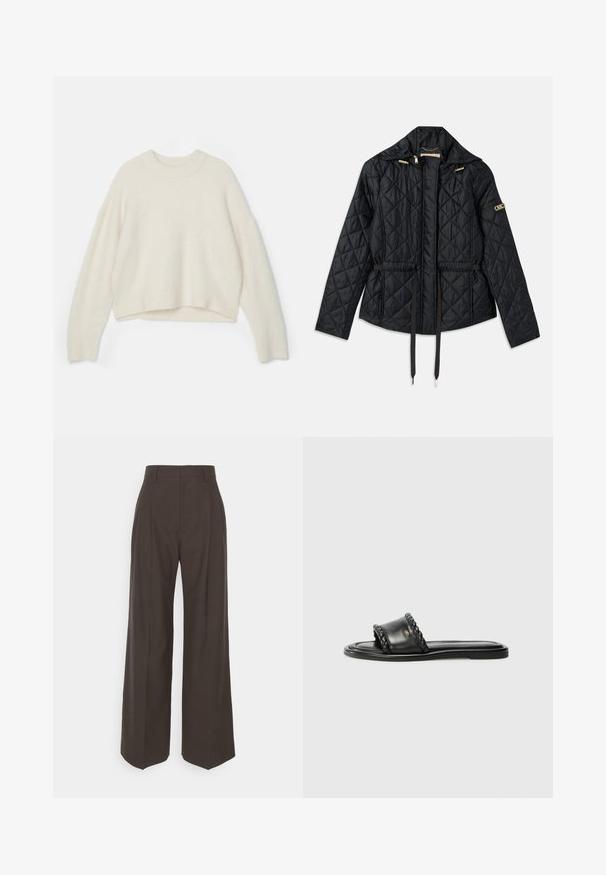 Schwarze gesteppte Jacke mit Kapuze, mit tailliertem Schnitt, zwei Fronttaschen, goldenen Hardware-Akzenten und verstellbaren Kordeln.; Wollpullover in Off-White mit rundem Halsauschnitt, überschnittenen Schultern und cropped Saum. Weicher Stoff mit lockerer Passform.; Dunkelbraune weite Hose mit hoher Taille, die über sorgfältig gebügelte Falten, eine glatte Textur und eine taillierte Passform verfügt.; Schwarze Ledersandale mit einem gewebten Riemen-Detail, flacher Sohle und schlankem Design. Glatte Textur und minimalistisches Profil.