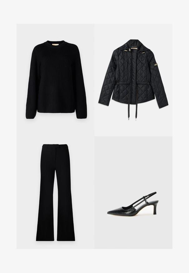 Veste noire matelassée avec capuche, dotée d'une taille cintrée, de deux poches avant, d'accents en matériel doré et de cordons de serrage pour l'ajustement.; Pull en tricot côtelé noir avec des manches longues et un col rond. Tissu texturé et coupe décontractée. Sans motifs ni accents.; Pantalons évasés noirs avec une texture lisse, une taille cintrée et des poches avant, conçus avec une silhouette moderne et élégante.; Escarpin slingback en vernis noir avec un bout pointu, présentant un imprimé serpent texturé, une sangle réglable et un petit talon bloc texturé.
