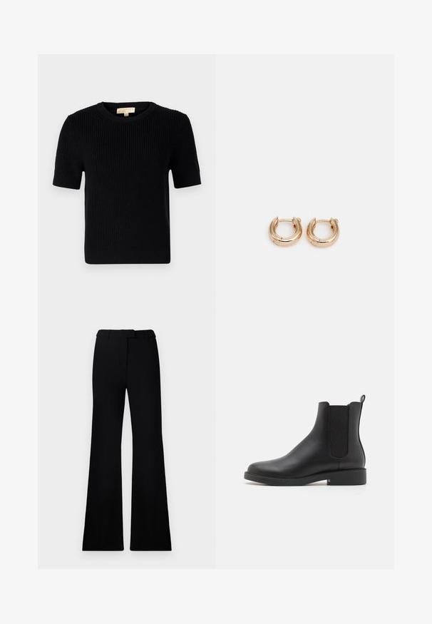 Juodas pagalvėlėmis siūtas džemperis su kapišonu, turintis susitraukiančią juosmenį, dvi priekinės kišenes, auksinius akcentus ir raištelius reguliavimui.; Juodas megztinis trumpomis rankovėmis su apvaliomis iškirptėmis. Siūlo gumbuotą tekstūrą ir tiesų apatinį kraštą. Etiketė vidinėje apykaklėje.; Juodos platėjančios kelnės su lygiu paviršiumi, pritaikyta juosmeniu ir priekinių kišenių dizainu, sukurtos su modernia, elegantiška siluetu.; Juodos odinės kulkšninių batų su elastinėmis šoninėmis juostomis, suapvalintu pirštu, žemu blokiniu kulnu ir vilkimo juostele gale, kad būtų patogu užsisegti.; Auksiniai auskarai-žiedai su poliruota danga, pasižymintys storu, apvaliu dizainu ir saugiu uždarymo mechanizmu. Lygus paviršius ir blizganti išvaizda.