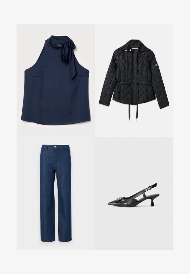 Schwarze gesteppte Jacke mit Kapuze, mit tailliertem Schnitt, zwei Fronttaschen, goldenen Hardware-Akzenten und verstellbaren Kordeln.; Theory SIDE TIE - Top - nocturne navy; Dunkelblaue Denim-Jeans mit geradem Bein, Fünf-Taschen-Design, silberner Knopfleiste und dezenten Nähdetails an den Taschen.; Schwarzer Leder-Slingback-Schuh mit spitz zulaufender Zehenpartie, dekorativen Riemen mit METALLÖSEN und niedrigem Blockabsatz. Strukturelle Oberfläche.