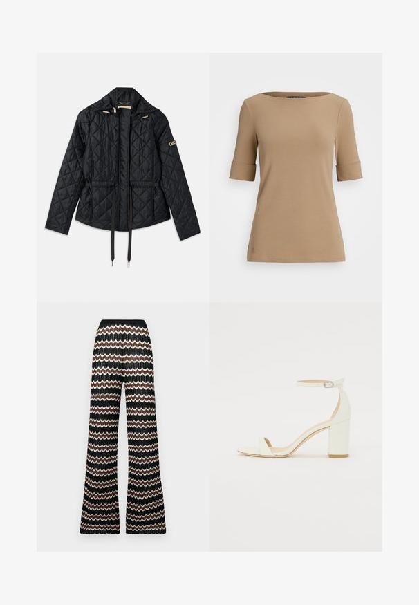 Fekete steppelt dzseki kapucnival, húzott derékkal, két elülső zsebből, aranyszínű fém kiegészítőkkel és állítható zsinórokkal.; Beige színű, rövid ujjú felső, kerek nyakkivágással, felgöngyölt ujjak és sima textúra jellemzi. Kis logó részlet az alján.; Zigzag mintázatú, fekete, fehér és barna felnőtt kötött trapéznadrág. Texturált felülettel és rugalmas derékpánttal rendelkezik.; Fehér bőrsarkú szandál bokaankarral és csattal, minimális dizájnnal. Nyitott orrú és sima textúrákkal az egész felületen.