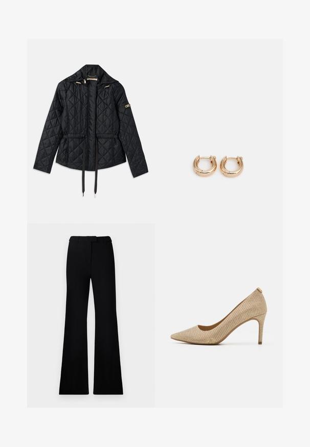 Čierna prešívaná bunda s kapucňou, so stiahnutým pásom, dvoma prednými vreckami, zlatými kovovými akcentmi a šnúrkami na úpravu.; Biely rebrovaný tielko s okrúhlym výstrihom, vyrobené z mäkkého materiálu. Dizajn obsahuje priliehavý strih a jemnú textúru po celej tkanine.; Čierne rozšírené nohavice s hladkou textúrou, prispôsobeným pásom a prednými vreckami, navrhnuté s elegantnou, modernou siluetou.; Béžové lodičky s ostrou špičkou, so štruktúrovaným textilným zvrškom, štíhlým klinom a jemným leskom pre pridanie detailu.; Zlaté kruhové náušnice s lešteným povrchom, so silným, obdĺžnikovým dizajnom a bezpečným uzatváracím mechanizmom. Hladký povrch a lesklý vzhľad.