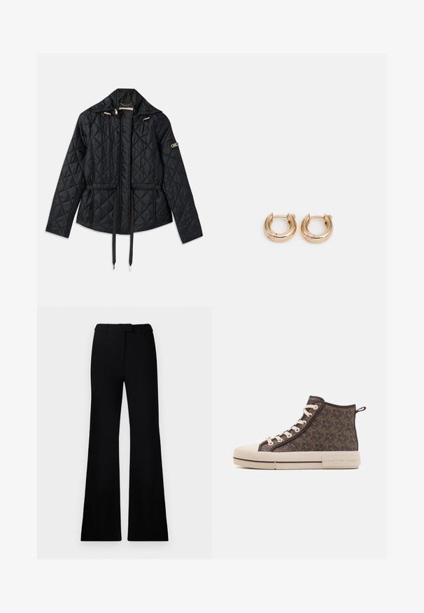 Geacă neagră matlasată cu glugă, având talie ajustată, două buzunare frontale, accente din metal auriu și șnururi pentru ajustare.; Cămașă albă fără mâneci, cu decolteu rotund, fabricată dintr-un material moale. Designul prezintă o formă ajustată și o textură subtilă pe întreaga țesătură.; Pantaloni negri evazați, cu o textură netedă, talie ajustată și buzunare frontale, proiectați cu o siluetă modernă, elegantă.; Adidași înalți din pânză maro cu un model, cu o talpă din cauciuc bej, accesorii aurii și șireturi albe. Prezintă brandingul "MICHAEL KORS".; Cercei din aur cu un finisaj lustruit, având un design circular gros și un mecanism de închidere sigur. Textură netedă și aspect strălucitor.