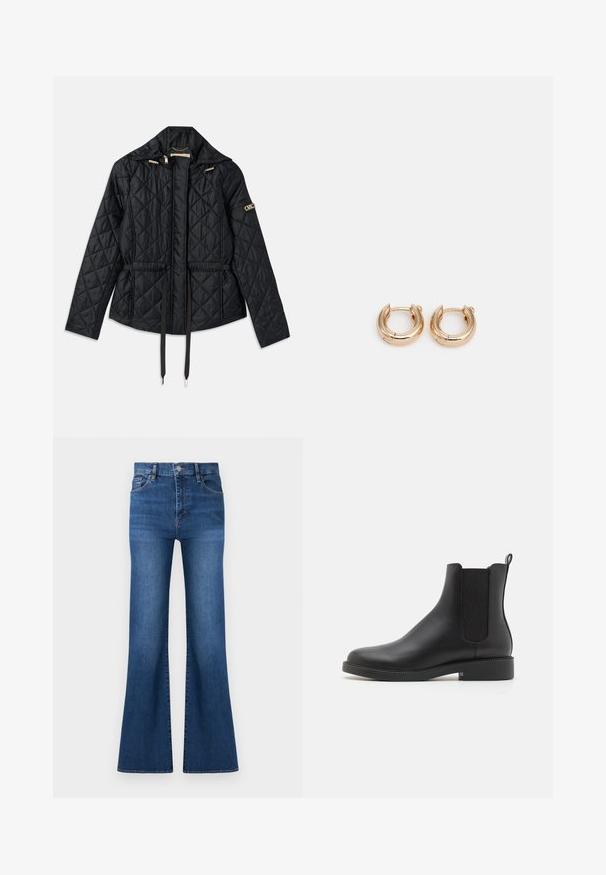 Giacca nera trapuntata con cappuccio, caratterizzata da una vita stretta, due tasche frontali, dettagli in hardware dorato e coulisse per la regolazione.; Top in jersey bianco con scollo a barca, realizzato in materiale morbido. Il design presenta una forma aderente e una sottile texture su tutta la stoffa.; Jeans di denim blu a vita alta con chiusura a bottoni, tasche anteriori e gambe larghe leggermente svasate su sfondo bianco.; Stivale alla caviglia in pelle nera con pannelli laterali elasticizzati, punta arrotondata, tacco basso a blocco e un laccio sul retro per una facile calzata.; Orecchini a cerchio in oro con una finitura lucida, caratterizzati da un design circolare spesso e un meccanismo di chiusura sicuro. Texture liscia e aspetto brillante.