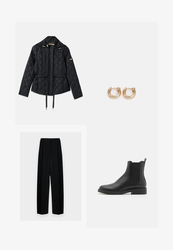 Czarna pikowana kurtka z kapturem, z wąskim pasem, dwoma przednimi kieszeniami, złotymi detalami oraz sznurkami do regulacji.; Biała prążkowana koszulka na ramiączkach z okrągłym dekoltem, wykonana z miękkiego materiału. Projekt charakteryzuje się dopasowanym krojem i subtelną teksturą na całej powierzchni tkaniny.; Czarne spodnie o szerokich nogawkach z wysokim stanem, z plisami i gładką teksturą. Materiał wydaje się lekki i elegancko się układa.; Czarne skórzane botki za kostkę z elastycznymi panelami po bokach, zaokrąglonym noskiem, niskim obcasem w kształcie bloku oraz pętelką z tyłu ułatwiającą zakładanie.; Złote kolczyki w kształcie obręczy z wypolerowanym wykończeniem, charakteryzujące się grubym, okrągłym wzorem i bezpiecznym zapięciem. Gładka faktura i błyszczący wygląd.