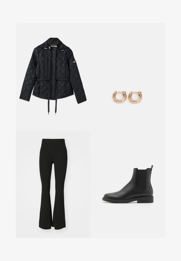 Black quilted jacket with a hood, featuring a cinched waist, two front pockets, gold hardware accents, and drawstrings for adjustment.; White ribbed tank top with a scoop neckline, made of soft material. The design features a fitted shape and subtle texture throughout the fabric.; Black flared pants made of stretch fabric, featuring a high waist and a smooth, unembellished surface. Simple and form-fitting design.; Black leather ankle boot with elastic side panels, rounded toe, low block heel, and a pull tab at the back for easy wear.; Gold hoop earrings with a polished finish, featuring a thick, circular design and a secure closure mechanism. Smooth texture and shiny appearance.