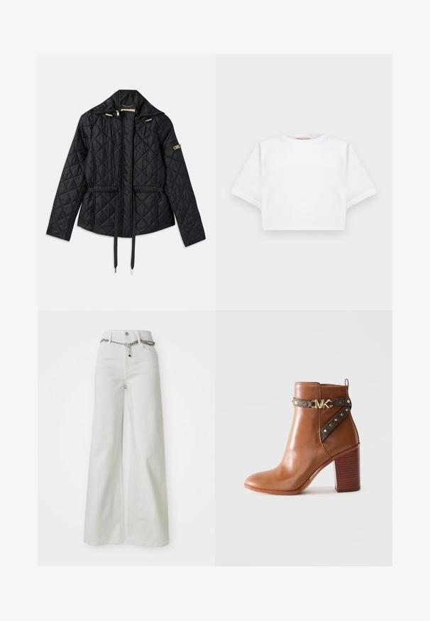 Geacă neagră matlasată cu glugă, având talie ajustată, două buzunare frontale, accente din metal auriu și șnururi pentru ajustare.; Tricou alb scurt dintr-un material moale, cu mâneci scurte, decolteu rotund și detalii ribbrate la margine. Design simplu și fără embellishments.; Pantaloni din denim alba, cu croi larg și talie înaltă, cu un accent de lanț pe talie și un design clasic cu cinci buzunare.; Botine din piele maro, cu toc bloc stratificat, curea laterală cu studuri aurii și cataramă cu logo „MK” aurie.