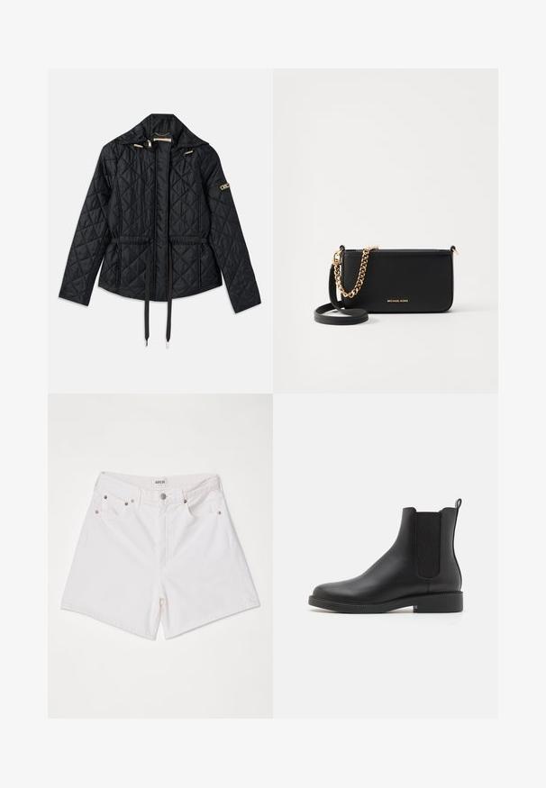 Chaqueta negra acolchada con capucha, que cuenta con una cintura ajustada, dos bolsillos frontales, detalles en dorado y cordones para ajuste.; Camiseta de algodón negra con mangas cortas, cuello redondo y un pequeño logo blanco en la parte inferior izquierda. Ajuste clásico y cuadrado con mínimos detalles.; Agolde STELLA - Shorts vaqueros - fortune cookie; Botín negro de cuero hasta el tobillo con paneles laterales elásticos, punta redondeada, tacón bajo y un tirador en la parte trasera para facilitar el calzado.; Clutch de cuero negro con un detalle en cadena dorada, textura suave y logotipo dorado. Incluye una correa ajustable para mayor versatilidad.; Pendientes de aro de oro con un acabado pulido, que presentan un diseño circular grueso y un mecanismo de cierre seguro. Textura suave y apariencia brillante.