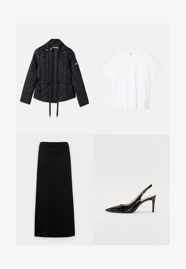 Veste noire matelassée avec capuche, dotée d'une taille cintrée, de deux poches avant, d'accents en matériel doré et de cordons de serrage pour l'ajustement.; T-shirt en coton blanc avec des manches courtes, un col rond, une coupe décontractée et un ourlet cousu. Étiquette visible à l'intérieur du col.; Jupe en maille noire avec une silhouette longue et droite. Présente une texture côtelée, une taille large et sans motifs ni accents visibles.; Pompe slingback en cuir verni noir avec un bout pointu, un talon fin et un design de découpes subtil. Elle dispose d'une boucle dorée sur la sangle.