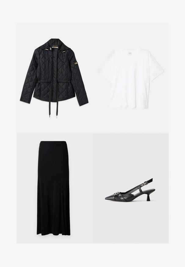 Mustmust õmmeldud jope kapuutsiga, millel on kitsenev vöökoht, kaks esikotina, kuldsed detailid ja reguleeritavad nööbid.; Valge puuvillane T-särk lühikeste varrukatega, ümmargune kaelus, mugav lõige ja õmmeldud serv. Silt nähtav kaela seest.; Musthave muströöp, mis on valmistatud siledast kangast, külje lõhega, elastse vöökoha ja sirge lõikega minimalistlikuks disainiks.; Must must have must toote tõmblukuga, dekoratiivsed rihmad metallist silmadega ja madal blokk-kand. Tekstureeritud pind.