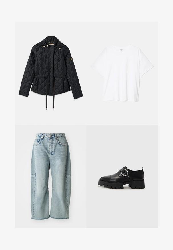Chaqueta negra acolchada con capucha, que cuenta con una cintura ajustada, dos bolsillos frontales, detalles en dorado y cordones para ajuste.; Camiseta de algodón blanca con mangas cortas, escote redondo, corte relajado y dobladillo cosido. Etiqueta visible en el interior del cuello.; Los jeans de mezclilla azul claro presentan un diseño de pierna ancha, dobladillos deshilachados y acentos de patchwork. Están fabricados con un suave material de algodón texturizado.; Zapatos de cuero negro con una suela gruesa y estriada, que presentan un acento de hardware plateado en forma circular y un detalle de costura mínima.