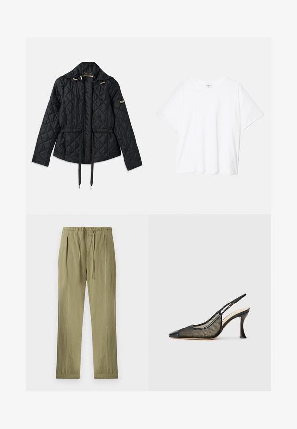Črna prešita jakna s kapuco, ki ima ožji pas, dve sprednji žep, zlate detajle in vrvice za prilagajanje.; Bela bombažna majica s kratkimi rokavi, okroglim izrezom, sproščenim krojem in šivanim robom. Oznaka vidna na notranji strani izreza.; Hlače v svetlo olivno zeleni barvi so iz bombaža, z elastičnim pasom na vrvico, plitvimi naborki in ravnim krojem. Mehka tekstura z minimalnimi dodatki.; Črne slingback visoke petke z ostrim nosom, mrežastim detajlom in gladkim usnjenim pokrovom. Barve vključujejo črne in bež poudarke.