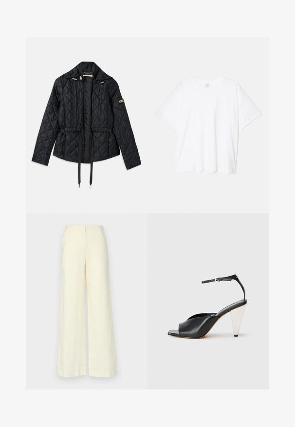 Črna prešita jakna s kapuco, ki ima ožji pas, dve sprednji žep, zlate detajle in vrvice za prilagajanje.; Bela bombažna majica s kratkimi rokavi, okroglim izrezom, sproščenim krojem in šivanim robom. Oznaka vidna na notranji strani izreza.; Faithfull the brand LULEA PANT - Hlače - white; Črne usnjene sandale s peto, odprto toe, asimetričnim dizajnom, zaponko okoli gležnja in kovinsko stožčasto peto. Gladka tekstura po celotni površini.