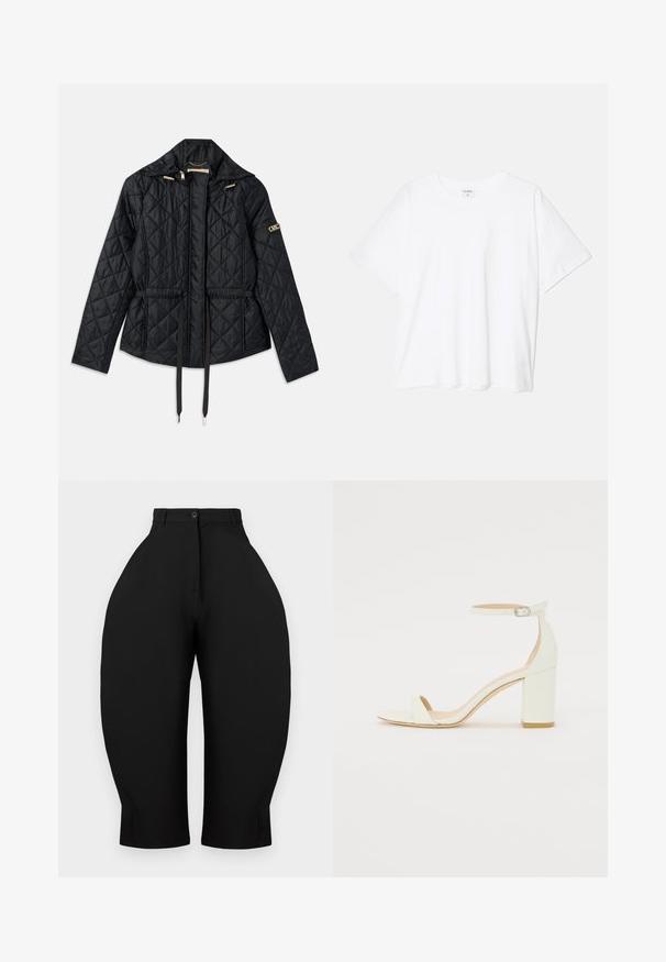 Crna jakna od pikiranog materijala s kapuljačom, sa sužavanjem u struku, dva prednja džepa, zlatnim detaljima i šnalanjem za podešavanje.; Bijela pamučna majica s kratkim rukavima, okruglim izrezom, opuštenim krojem i šivenim rubom. Etiketa je vidljiva na unutarnjoj strani vrata.; Crne hlače s visokim strukom i širokim, suženim nogavicama. Izrađene od glatkog materijala, s kopčanjem na gumb i bez vidljivih džepova.; Bijela kožna sandala na blok petu s remenom oko zapešća i minimalističkim dizajnom. Otvoreni nos i glatke teksture kroz cijelu obuću.
