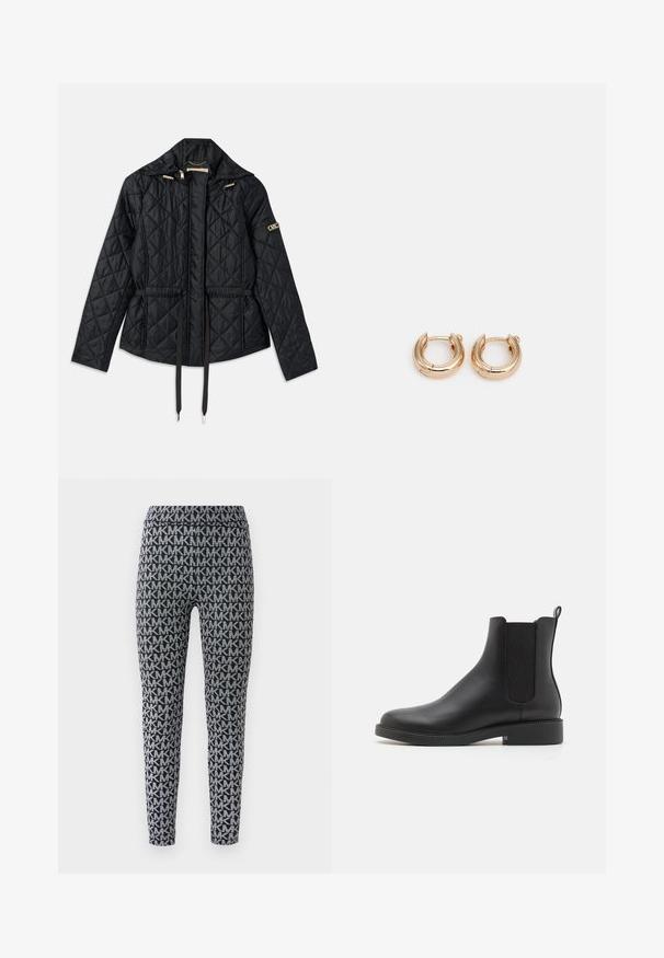 Juodas pagalvėlėmis siūtas džemperis su kapišonu, turintis susitraukiančią juosmenį, dvi priekinės kišenes, auksinius akcentus ir raištelius reguliavimui.; Juodas medvilnės marškinėlis su apvalia iškirpte, trumpomis rankovėmis ir balta siuvinėta logo kairėje krūtinės pusėje. Lygus tekstūrinis audinys, neformalus dizainas.; Juodi ir pilki leggingai su viso paviršiaus raštu, kuriame aukojami tarpusavyje susiję raidės. Juosmens juosta elastinga, o šlaunų srityje yra siaura.; Juodos odinės kulkšninių batų su elastinėmis šoninėmis juostomis, suapvalintu pirštu, žemu blokiniu kulnu ir vilkimo juostele gale, kad būtų patogu užsisegti.; Auksiniai auskarai-žiedai su poliruota danga, pasižymintys storu, apvaliu dizainu ir saugiu uždarymo mechanizmu. Lygus paviršius ir blizganti išvaizda.