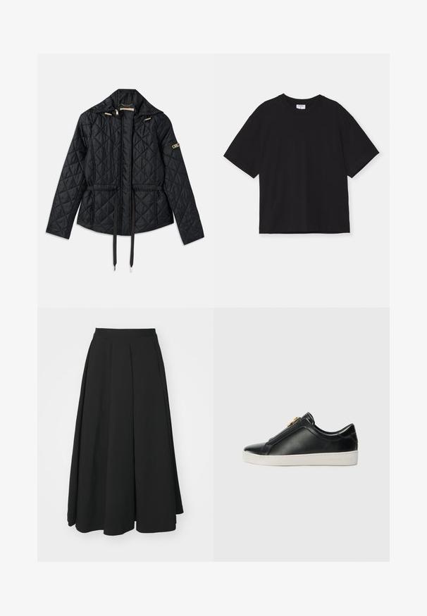 Veste noire matelassée avec capuche, dotée d'une taille cintrée, de deux poches avant, d'accents en matériel doré et de cordons de serrage pour l'ajustement.; T-shirt noir à manches courtes en coton. Il présente une coupe décontractée, un col rond et aucun motif ni embellissement visible.; Theory IRREG - Jupe plissée - black; Chaussures noires en cuir à enfiler avec une couture surélevée, détail en métal argenté sur le dessus, et une semelle en caoutchouc blanche avec un logo en relief.