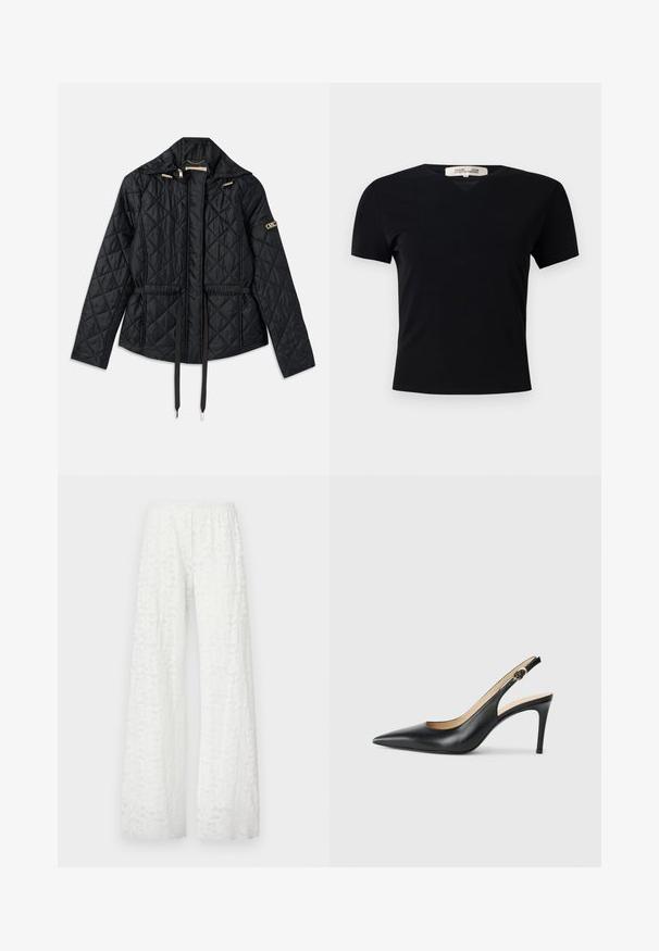 Černá prošívaná bunda s kapucí, s nařaseným pasem, dvěma předními kapsami, zlatými kovovými detaily a stahovacími šňůrkami pro úpravu.; Černé tričko s krátkým rukávem a výstřihem do V, vyrobené z hladkého, elastického materiálu. Obsahuje jednoduchý, klasický střih bez ozdob.; Bílé široké kalhoty s elastickým pasem, s texturovaným květinovým krajkovým vzorem po celé látce.; Černé kožené lodičky na podpatku s špičatou špičkou, nastavitelným páskem a elegantním jehlovým podpatkem, vyznačující se hladkým povrchem.