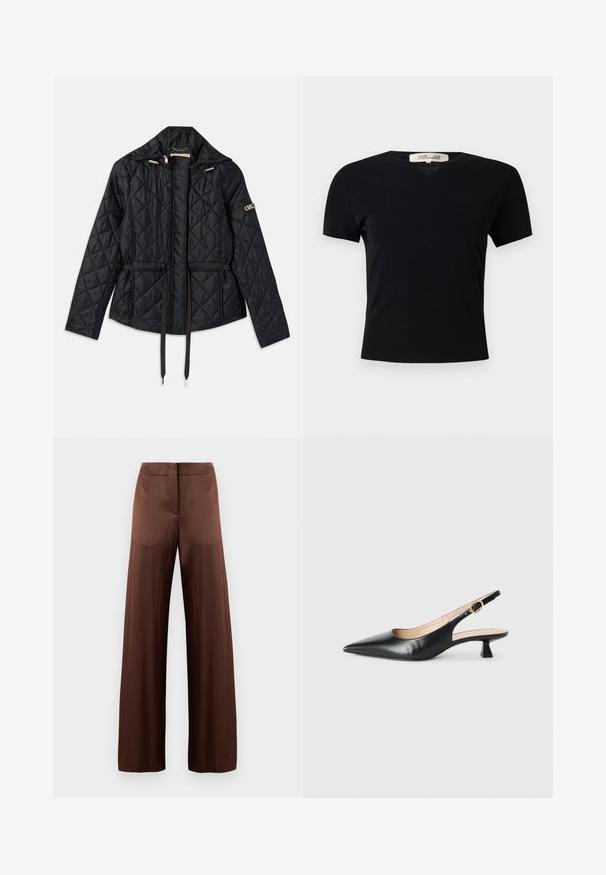 Svart vadderad jacka med huva, som har smalnad midja, två framfickor, gyllene detaljer och dragsko för justering.; Svart kortärmad t-shirt med V-halsdesign, tillverkad av ett glatt, elastiskt tyg. Har en enkel, klassisk silhuett utan dekorationer.; Bruna vida byxor i mjukt, lätt tyg, med platt front, utan fickor och rak silhuett.; Svart läderslingback-sko med kitten heel och spetsig tå, samt guldspänne på sidobandet, på vit bakgrund.