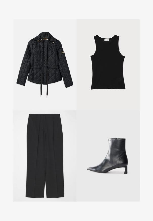 Veste noire matelassée avec capuche, dotée d'une taille cintrée, de deux poches avant, d'accents en matériel doré et de cordons de serrage pour l'ajustement.; Débardeur noir à côtes avec un encolure ronde et de larges bretelles, présentant une finition texturée subtile et un petit détail en mesh au bas.; Pantalons tailleur gris foncé avec une coupe droite, dotés d'un closing à un bouton et de deux plis avant, texture lisse et sans embellissements.; Bottine en cuir noir avec un bout pointu et un design épuré. Présente un petit talon et une fermeture éclair à l'arrière. Texture lisse.