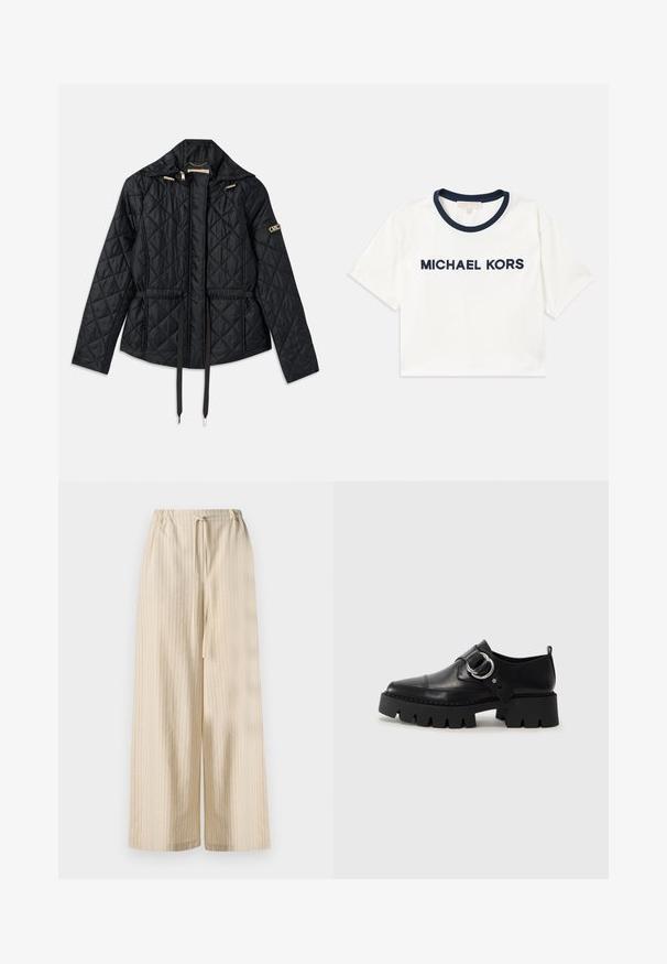 Veste noire matelassée avec capuche, dotée d'une taille cintrée, de deux poches avant, d'accents en matériel doré et de cordons de serrage pour l'ajustement.; T-shirt blanc court avec encolure marine, arborant "MICHAEL KORS" imprimé en marine. Fabriqué en coton doux avec des manches courtes.; Pantalons large beige clair en tissu doux, ornés de rayures verticales et d'une taille élastique avec un détail de lien à nouer.; Chaussures noires en cuir avec une semelle épaisse et côtelée, présentant un accent en métal argenté circulaire et des détails de couture minimalistes.