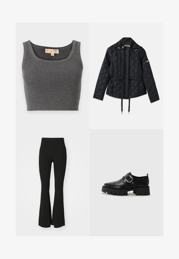 Melnā quiltota jaka ar kapuci, ar sašaurinātu jostasvietu, divām priekšējām kabatām, zelta aksesuāriem un regulējamām auklām.; Pelēks ribots kreklis ar plašu izgriezumu. Tam ir gluda tekstūra un iekšējā izgriezumā ir marķējums "MICHAEL".; Melni zviedri bikses, kas izgatavotas no stiepļu auduma, ar augstu jostasvietu un gludu, neizšūtā virsma. Vienkāršs un pieguļošs dizains.; Melni ādas apavi ar masīvu, rievojumu zoli, ar apaļu sudraba aksesuāru un minimālām šuvēm.