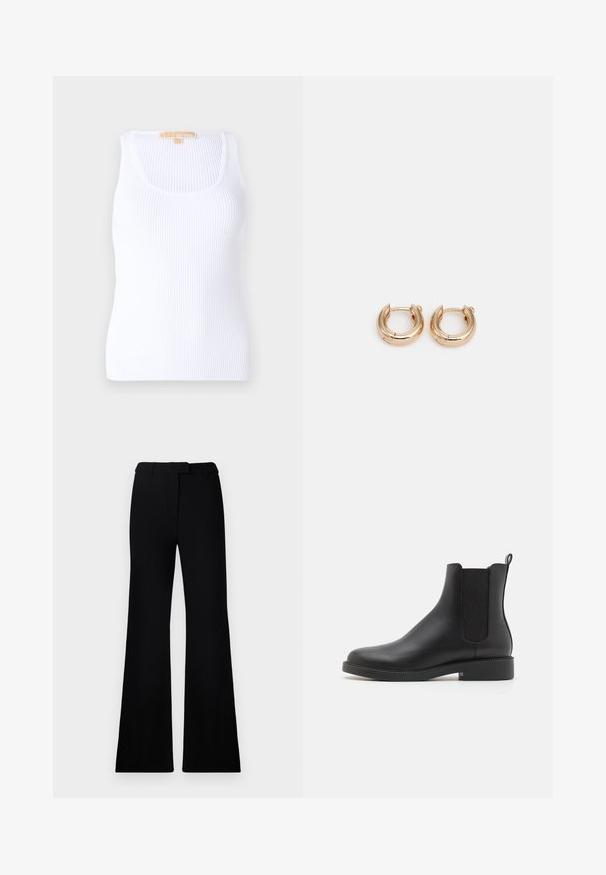 Czarna pikowana kurtka z kapturem, z wąskim pasem, dwoma przednimi kieszeniami, złotymi detalami oraz sznurkami do regulacji.; Biała prążkowana koszulka na ramiączkach z okrągłym dekoltem, wykonana z miękkiego materiału. Projekt charakteryzuje się dopasowanym krojem i subtelną teksturą na całej powierzchni tkaniny.; Czarne rozszerzane spodnie o gładkiej fakturze, z dopasowaną talią i kieszeniami z przodu, zaprojektowane w eleganckim, nowoczesnym stylu.; Czarne skórzane botki za kostkę z elastycznymi panelami po bokach, zaokrąglonym noskiem, niskim obcasem w kształcie bloku oraz pętelką z tyłu ułatwiającą zakładanie.; Złote kolczyki w kształcie obręczy z wypolerowanym wykończeniem, charakteryzujące się grubym, okrągłym wzorem i bezpiecznym zapięciem. Gładka faktura i błyszczący wygląd.