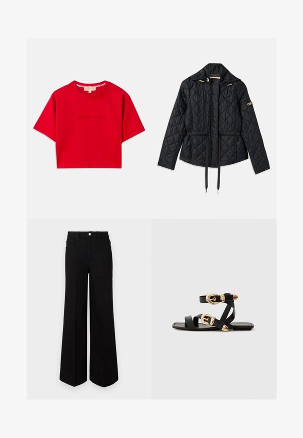 Mustmust õmmeldud jope kapuutsiga, millel on kitsenev vöökoht, kaks esikotina, kuldsed detailid ja reguleeritavad nööbid.; Punane lühikeste varrukatega lühike t-särk, mis on valmistatud puuvillast, esitades ribakujulise ümmarguse kaeluse ja embleemiga "MICHAEL KORS" logo ees. Lühikesed varrukad.; Mustad mustad laiad teksad, millel on kõrge vöökoht, ees taskud ja ees nuppude sulgemine. Üksik serv all.; Mustad nahast sandaalid kuldsete pandlitega, millel on mitmed rihmad ja lame talladisain avatud varba jaoks.