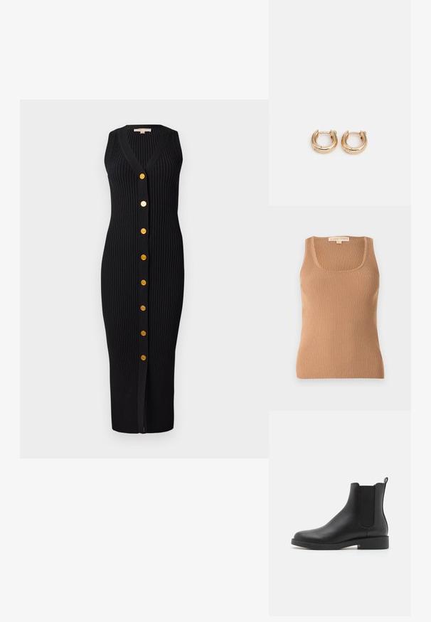 Black quilted jacket with a hood, featuring a cinched waist, two front pockets, gold hardware accents, and drawstrings for adjustment.; Ribbed tank top in light brown, featuring a round neckline and fitted design. Fabric has a soft texture with vertical stripes.; Black ribbed knit dress with a V-neckline, sleeveless design, and gold-tone buttons down the front, featuring a fitted silhouette.; Black leather ankle boot with elastic side panels, rounded toe, low block heel, and a pull tab at the back for easy wear.; Gold hoop earrings with a polished finish, featuring a thick, circular design and a secure closure mechanism. Smooth texture and shiny appearance.