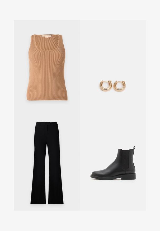 Sorte quilted jakke med hætte, der har en indsnævret talje, to frontlommer, guldsmykker og snore til justering.; Ribbet tanktop i lys brun med rund halsudskæring og tætsiddende design. Stoffet har en blød tekstur med lodret striber.; Sorte flagrende bukser med en glat tekstur, skræddersyet talje og forlommer, designet med en slank, moderne silhuet.; Sort læder ankelstøvle med elastiske sidepaneler, rund tå, lav blokhæl og en hængetab på bagsiden for nem påtagning.; Guldøreringe med en poleret finish, der har et tykt, cirkulært design og en sikker lukkeanordning. Glat tekstur og skinnende udseende.