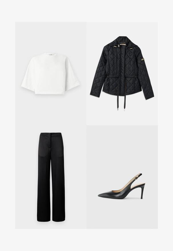 Črna prešita jakna s kapuco, ki ima ožji pas, dve sprednji žep, zlate detajle in vrvice za prilagajanje.; Bela skrajšana majica s sproščenim krojem, kratkimi širokimi rokavi, okroglim izrezom in stranskimi razporki, izdelana iz mehkega bombažnega materiala.; Široke črne hlače z teksturirano površino, ki imajo ravno pasnico in dve stranski žepki. Tkanina se zdi lahka in tekoča.; Črne usnjene petke s slingback obliko, ostro konico, nastavljivim trakom in elegantnim stiletto peto, s gladko obdelavo.