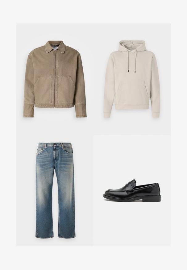 Casaco de algodão cáqui com fecho éclair à frente, colarinho pontudo, dois grandes bolsos frontais e detalhes em costura nas bordas e costuras.; Sweatshirt com capuz em bege claro, apresentando um bolso frontal, cordões e punhos canelados. Feito de um tecido suave e liso com um ajuste descontraído.; Calças de ganga azuis com um corte relaxado e perna reta. Apresentam realces em tons mais claros e um clássico design de cinco bolsos com detalhes em costura.; Sapatos de couro preto tipo mocassins com bico arredondado, detalhe costurado na pala e sola de borracha plana para tração. Textura suave por todo o sapato.