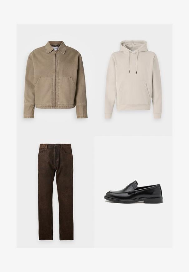Kakė medvilnės striukė su užtrauktuku priekyje, smailiu apykakliu, dviem didelėm priekinių kišenių ir siuvinėjimu kraštuose bei siūlėse.; Šviesiai kreminės spalvos su gobtuvu megztinis su priekiu kišene, raišteliais ir banguotomis rankovėmis. Pagamintas iš minkštos, lygios medžiagos su laisvu siluetu.; Rudos džinsai su šiek tiek nusidėvėjusia tekstūra, tiesaus kirpimo dizainu, penkiomis kišenėmis ir mygtuku, kuriuo užsisega juosmuo.; Juodi odiniai loaferiai su apvaliu pirštu, siuvinėtomis detalėmis per vampą ir plokščiu kaučiukiniais padais geresniam sukibimui. Visas paviršius lygus.