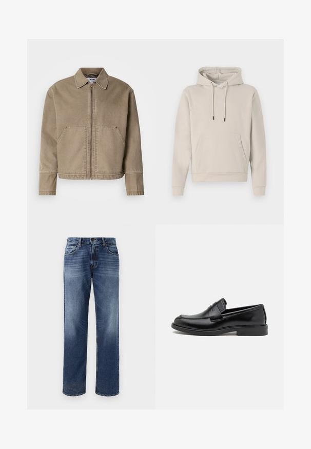 Kakė medvilnės striukė su užtrauktuku priekyje, smailiu apykakliu, dviem didelėm priekinių kišenių ir siuvinėjimu kraštuose bei siūlėse.; Šviesiai kreminės spalvos su gobtuvu megztinis su priekiu kišene, raišteliais ir banguotomis rankovėmis. Pagamintas iš minkštos, lygios medžiagos su laisvu siluetu.; Vyrų mėlyni džinsai su tiesiomis kojomis, šviesiai nusidėvėję, penkiomis kišenėmis ir sagų užtrauktuku.; Juodi odiniai loaferiai su apvaliu pirštu, siuvinėtomis detalėmis per vampą ir plokščiu kaučiukiniais padais geresniam sukibimui. Visas paviršius lygus.