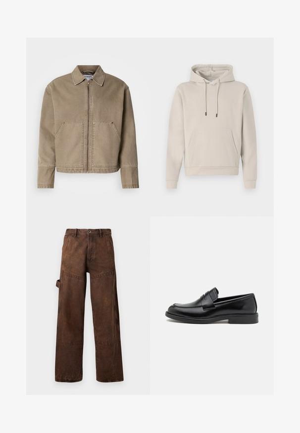Khaki cotton jacket with a zip front, pointed collar, two large front pockets, and stitched detailing on the edges and seams.; Hooded sweatshirt in light beige, featuring a front pocket, drawstrings, and ribbed cuffs. Made from soft, smooth fabric with a relaxed fit.; Brown straight-leg workwear pants with utility pocket on side, belt loops, and button closure at waist.; Black leather loafers with a rounded toe, stitched detail across the vamp, and a flat rubber sole for traction. Smooth texture throughout.
