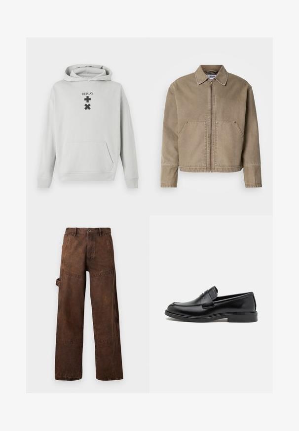Veste en coton kaki avec fermeture éclair à l'avant, col pointu, deux grandes poches avant et des coutures décoratives sur les bords et les coutures.; Hoodie gris clair avec une poche frontale, arborant le texte noir "REPLAY" et des symboles graphiques. Tissu doux, coupe décontractée, poignets côtelés.; Pantalons de travail marron à jambes droites avec poche utilitaire sur le côté, passants de ceinture et fermeture à bouton à la taille.; Mocassins en cuir noir avec un bout arrondi, des détails cousus sur le cou-de-pied et une semelle en caoutchouc plate pour l'adhérence. Texture lisse dans l'ensemble.