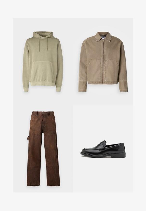 Khaki cotton jacket with a zip front, pointed collar, two large front pockets, and stitched detailing on the edges and seams.; Khaki hoodie with a drawstring hood, kangaroo pocket, and ribbed cuffs. Made from soft fabric with a smooth texture.; Brown straight-leg workwear pants with utility pocket on side, belt loops, and button closure at waist.; Black leather loafers with a rounded toe, stitched detail across the vamp, and a flat rubber sole for traction. Smooth texture throughout.