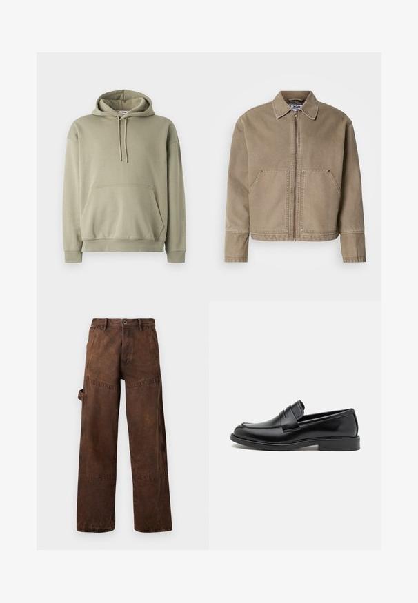 Khiaki puuvillane jakk, millel on lukuga esiosa, terav kaelus, kaks suurt esikotti ja tikandiga detailid servadel ja õmblustes.; Oliivroheline kapuutsiga pusa, mis on valmistatud pehmest puuvilla segust, esiküljel on tasku, reguleeritav kapuuts ja soonikuga varrukad ning alläär. Lihtne ja mugav disain.; Pruunid sirged tööriided püksid utiliitkoti ja küljepeenuse, vöökohal vöölõõtsaga ja nööbiga. ; Mustad musta nahast loaferid ümmarguse varbaga, vampi üle õmmeldud detailiga ja tasase kummist tallaga, mis tagab haarde. Ühtlane sile tekstuur.