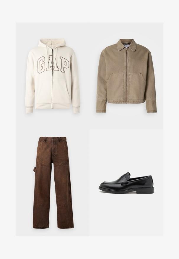 Veste en coton kaki avec fermeture éclair à l'avant, col pointu, deux grandes poches avant et des coutures décoratives sur les bords et les coutures.; Haut à capuche beige zippé avec capuche doublée en polaire, cordons de serrage, poches avant et grandes lettres "GAP" en contour sur la poitrine.; Pantalons de travail marron à jambes droites avec poche utilitaire sur le côté, passants de ceinture et fermeture à bouton à la taille.; Mocassins en cuir noir avec un bout arrondi, des détails cousus sur le cou-de-pied et une semelle en caoutchouc plate pour l'adhérence. Texture lisse dans l'ensemble.