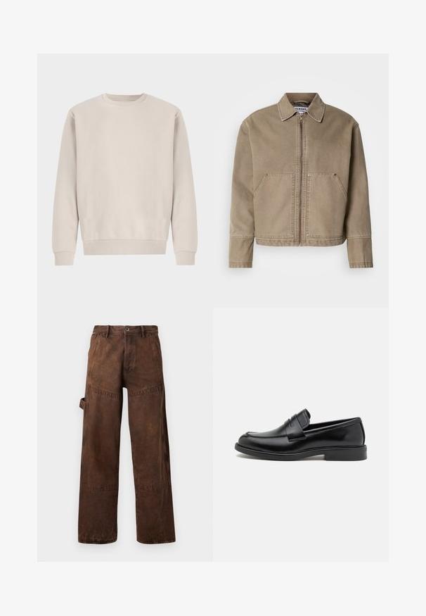 Jachetă din bumbac khaki cu fermoar în față, guler ascuțit, două buzunare mari în față și detalii cusute pe margini și cusături.; Pulover bej cu guler rotund, fabricat din bumbac moale, cu o croială lejeră, manșete și tiv cu nervuri, fără modele sau accesorii vizibile.; Pantaloni de lucru drepți, maro, cu buzunar utilitar pe lateral, passante pentru curea și închidere cu broșă la talie.; Mocasiini din piele neagră, cu bot rotund, detaliu cusut pe partea superioară și talpă plată din cauciuc pentru aderență. Textură netedă pe întreaga suprafață.